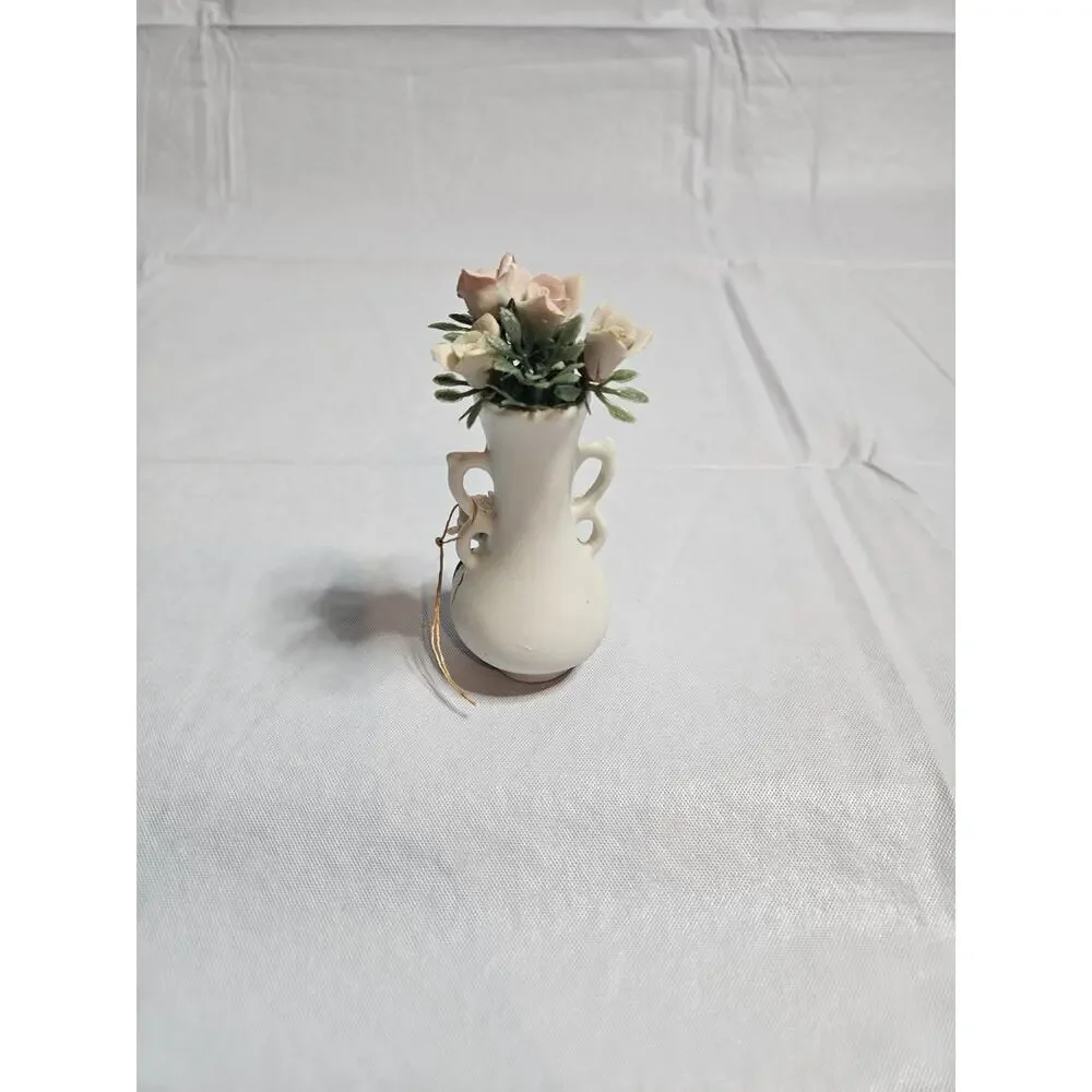 Vintage Miniature Porcelain Bud Vase Applied Pink Roses Floral Figurine Decor